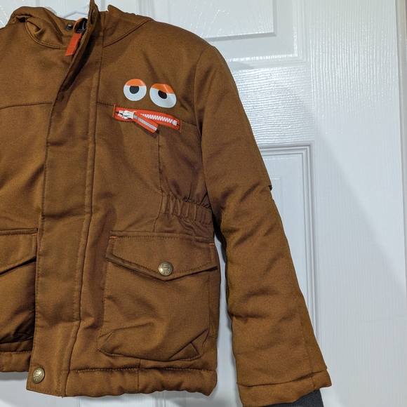 Cat & Jack Brown Hooded Winter Jacket with Monster Eye Design in Size 3T - Picture 3 of 12